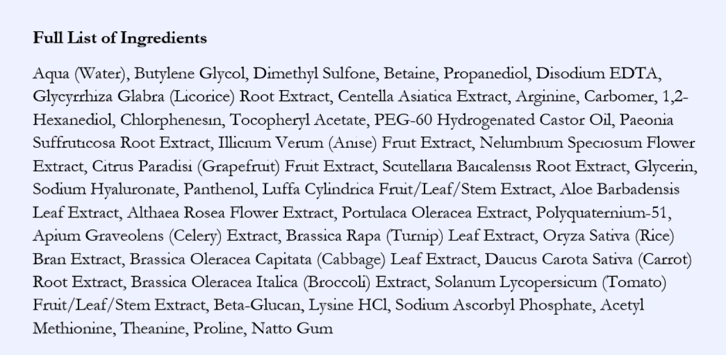 List of ingredients for Klairs Rich Moist Soothing Serum