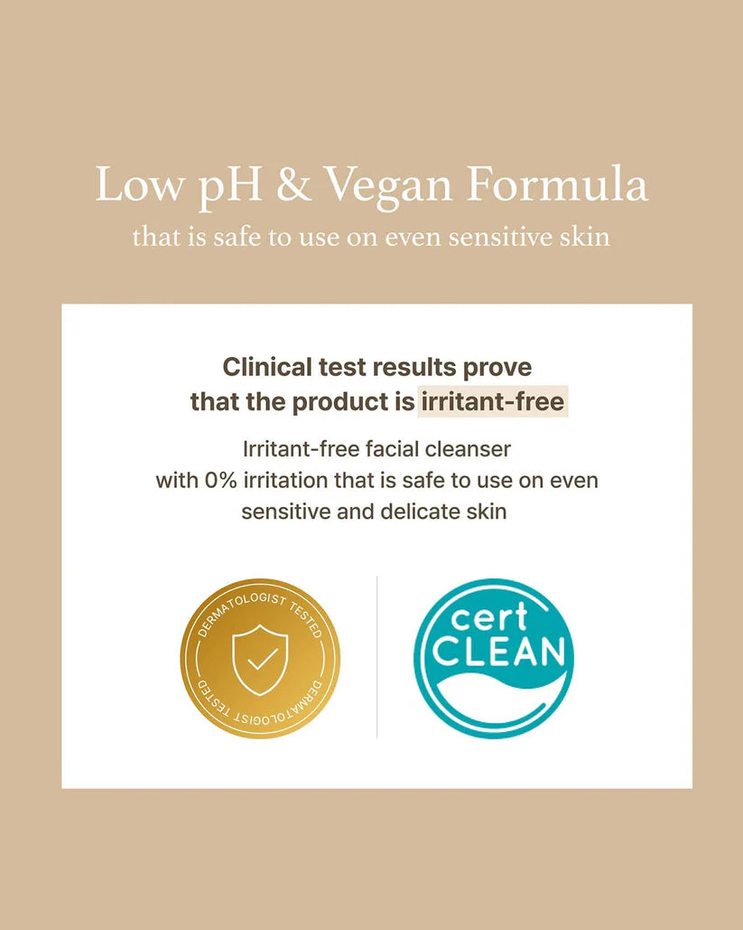 Product label with 'Low pH & Vegan Formula', clinical test results, and Cert Clean logo
