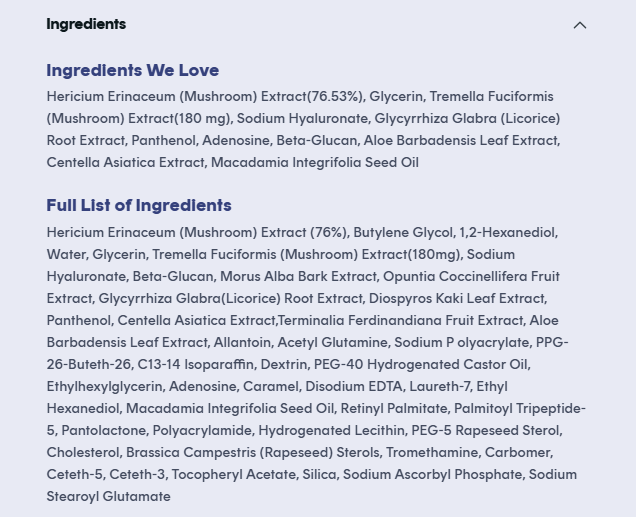 List of ingredients