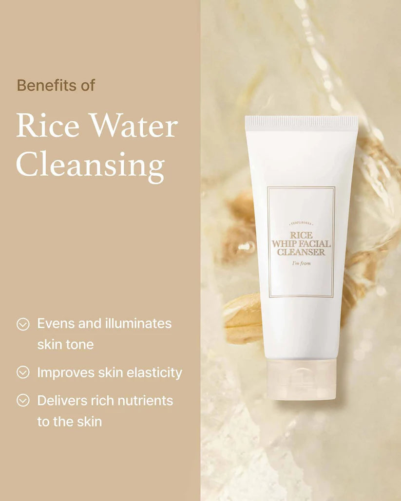 Tube of rice water facial cleanser with benefits listed