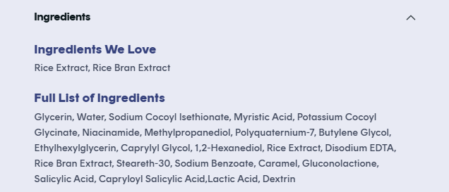 List of ingredients for I’m From Rice Whip Facial Cleanser