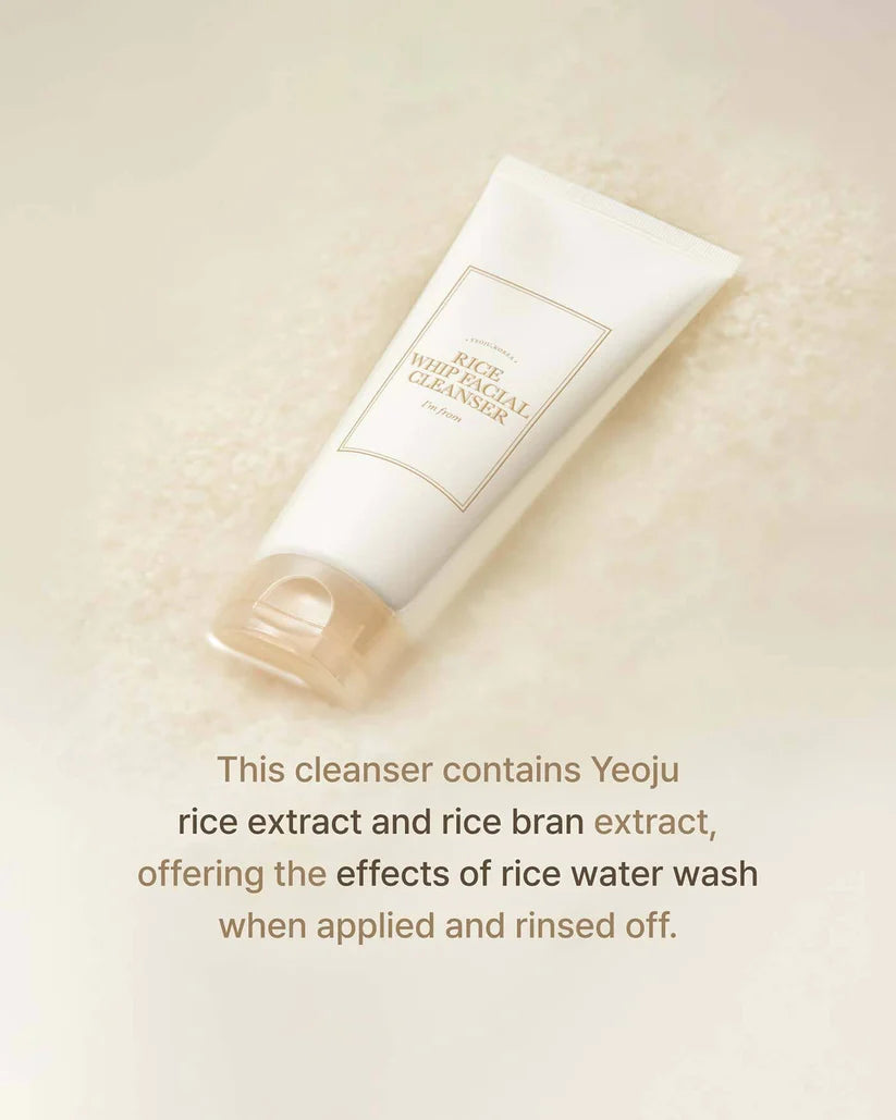 Tube of cleanser with text about rice extract and bran